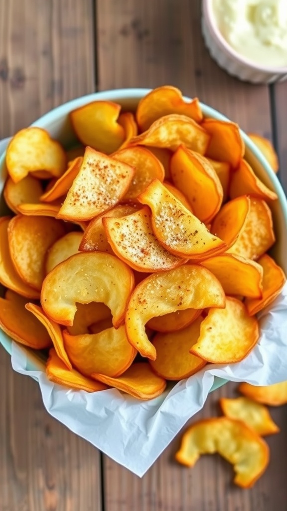 A bowl of crispy air fryer potato chips with a sprinkle of seasoning on a wooden table.